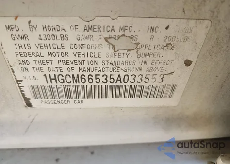 2005 Honda Accord 3.0 Ex z USA, uszkodzony, nr VIN 1HGCM66535A033553